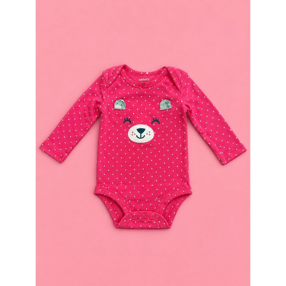 Carter’s Baby Girl Pink Bear Polka Dot Long Sleeve Onesie Bodysuit 3M